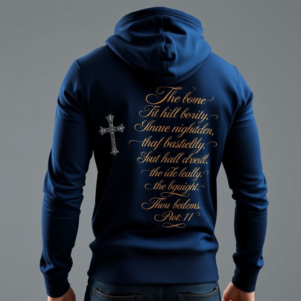 A Zip up hoodie with a cross on the left hand side in the front of the hoodie. “The LORD said unto my Lord, Sit thou at my right hand, until I make thine enemies thy footstool.” Psalms 110:1 on the back in a design.
Imagine a sleek, fitted zip-up hoodie crafted from soft, eco-friendly fabric in deep midnight blue. Emblazoned with a silver cross on the front left, the back features an intricate, flowing script of Psalms 110:1, merging modern streetwear with spiritual elegance. Accents of metallic gold thread add a luxurious touch.