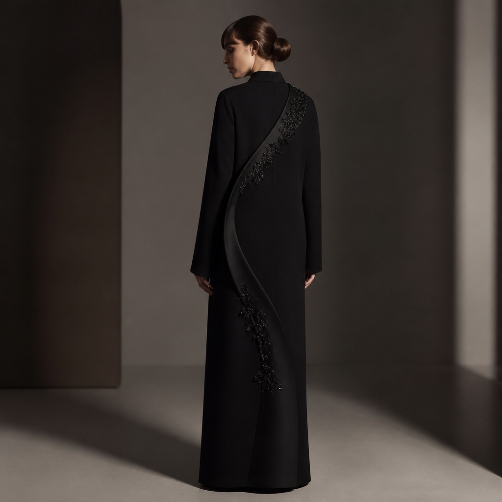 3. The Hidden Curve
Luxury all-black abaya with a sleek straight silhouette and a completely unexpected curved construction running from one shoulder, around the side and toward the lower back. The curved section is slightly raised, creating a subtle three-dimensional effect without adding volume. Place delicate black crystal flowers following only part of the curve. Use matte black fabric with subtle satin and chiffon contrasts. Extremely elegant, artistic and unique, while remaining a true abaya. Not a dress, not flared.
photorealistic fashion design, 3. The Hidden Curve
Luxury all-black abaya with a sleek straight silhouette and a completely unexpected curved construction running from one shoulder, around the side and toward the lower back. The curved section is slightly raised, creating a subtle three-dimensional effect without adding volume. Place delicate black crystal flowers following only part of the curve. Use matte black fabric with subtle satin and chiffon contrasts. Extremely elegant, artistic and unique, while remaining a true abaya. Not a dress, not flared., just the design no text