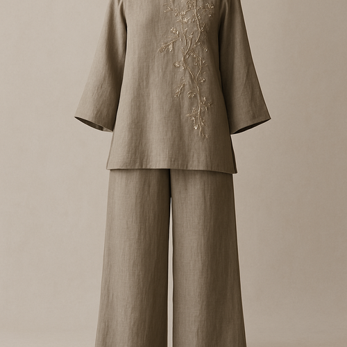 A pioneering two-piece modest ensemble crafted from premium linen — featuring fluid, loose-cut pants and an elegant relaxed top, elevated with refined embroidery and delicate stone detailing. Designed in minimalist, sophisticated hues, it delivers a rich, chic aesthetic that feels unmistakably unique and first of its kind. Make them breathable and stylish hands
