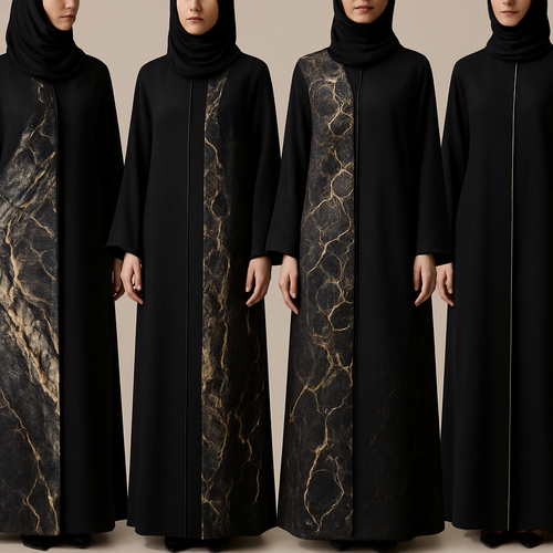 Create a modest abaya, first of its kind, featuring a unique stone design that exudes a classy and sophisticated vibe. I'd like four designs, each showcasing different styles and fabrics. Incorporate high-end, unique chic stone designs to make them truly special. Add little sophisticated stone designs. Make it irresistible for customers 