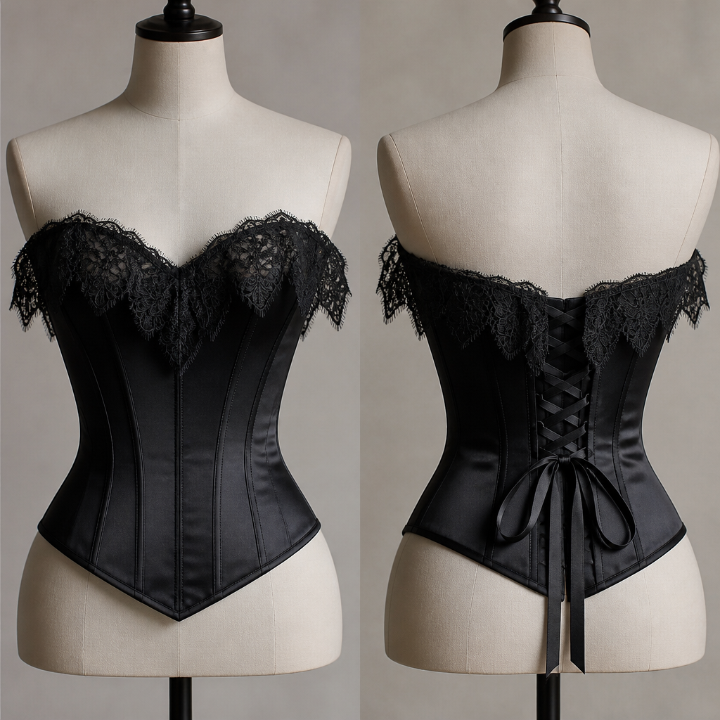 A Female Dress design, suitable for Summer, in Elegant style. корсет черный с черным кружевом по верхнему крою свисающему вниз. корсет должен быть атласным с завязками сзади
photorealistic fashion design, A Female Dress design, suitable for Summer, in Elegant style. корсет черный с черным кружевом по верхнему крою свисающему вниз. корсет должен быть атласным с завязками сзади, elegant style, just the design no text