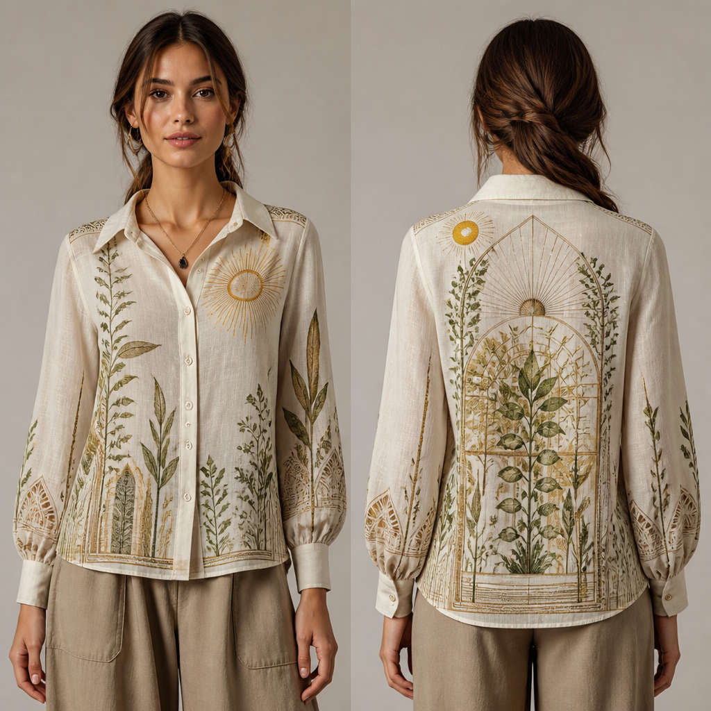Solarpunk, shirt female fall
photorealistic fashion design, Solarpunk, shirt female fall, bohemian style, just the design no text, show front and back