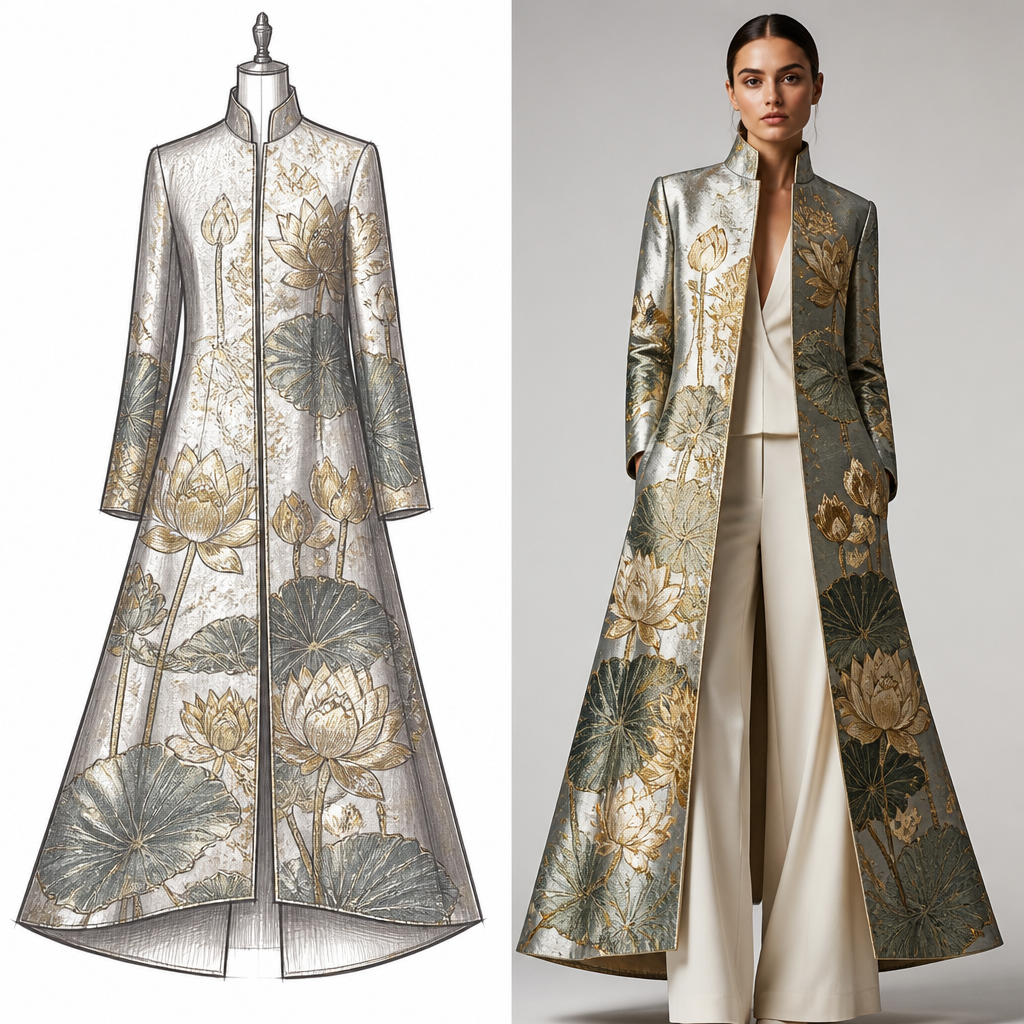Coat metallic lotus jacquard I want a drawing and a outfit
photorealistic fashion design, Coat metallic lotus jacquard I want a drawing and a outfit , italian style, just the design no text