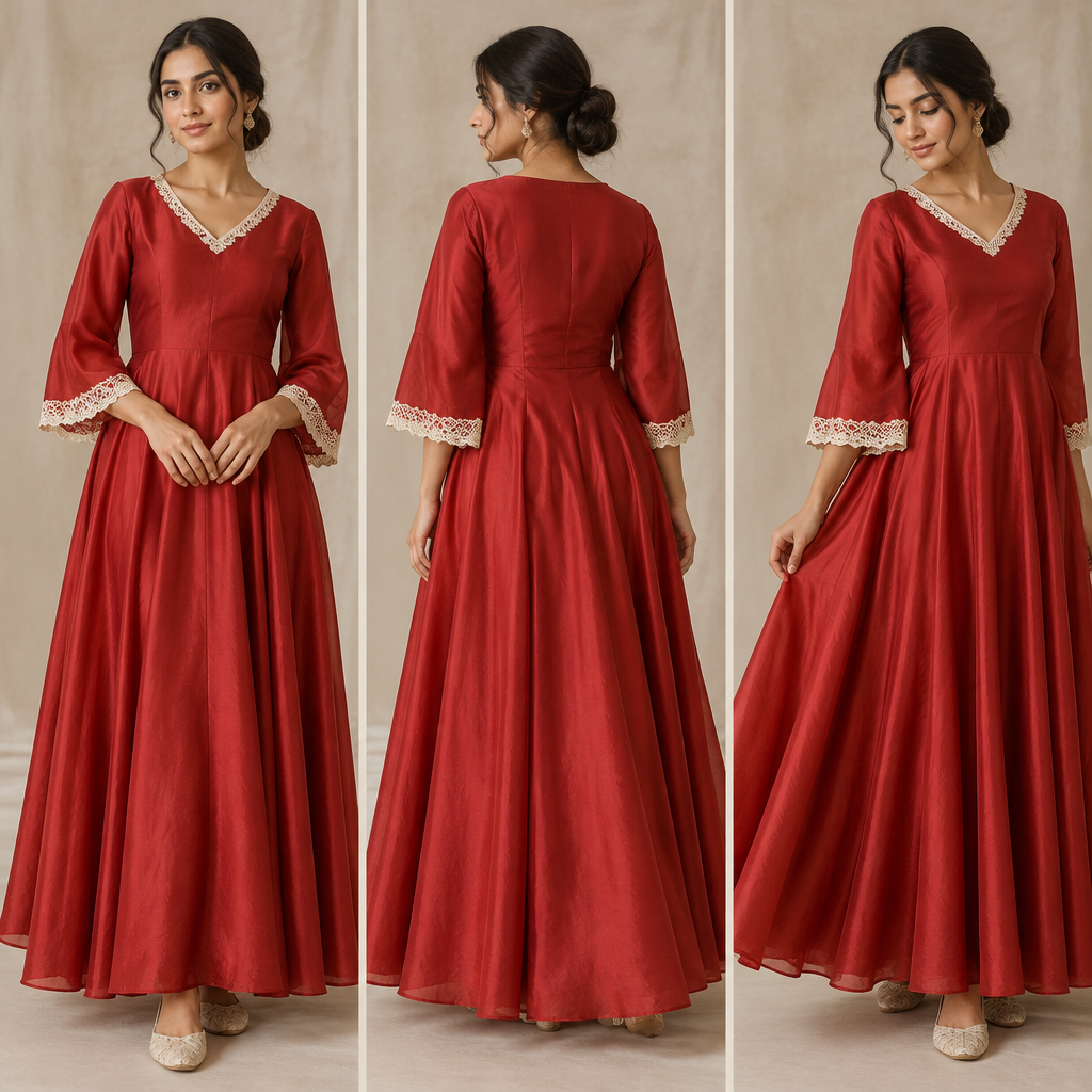 A Female Dress design, with modest, full coverage: longer hemlines, higher necklines and covered shoulders, suitable for Summer. A dress of red silk fabric with 3/4 bell sleeves sleeves, circle skirt starting from the waist and 'softly V neckline'. Thin ivory cream lace on neckline and sleeves' ending.. Bangladesh fashion aesthetics. Present it as professional fashion catalogue photography: the garment is the subject, shown full-length with editorial styling, neutral posing and tasteful, non-suggestive framing.
photorealistic fashion design, A Female Dress design, with modest, full coverage: longer hemlines, higher necklines and covered shoulders, suitable for Summer. A dress of red silk fabric with 3/4 bell sleeves sleeves, circle skirt starting from the waist and 'softly V neckline'. Thin ivory cream lace on neckline and sleeves' ending.. Bangladesh fashion aesthetics. Present it as professional fashion catalogue photography: the garment is the subject, shown full-length with editorial styling, neutral posing and tasteful, non-suggestive framing., just the design no text