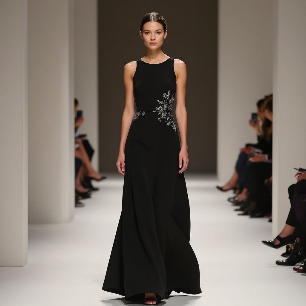 Short gown with embroidery
Minimalist fashion: Short black silk gown, simple shape, clean lines, subtle embroidery, no fuss.