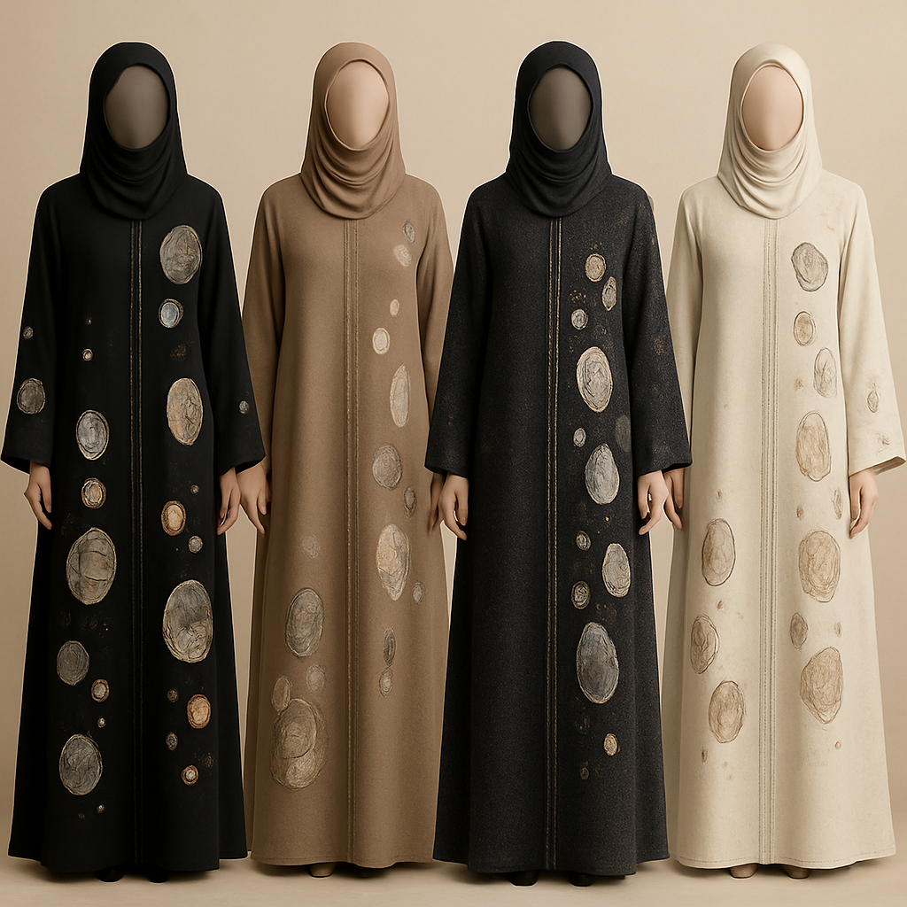 Create a modest abaya, the first of its kind, featuring a unique stone design that exudes a classy and sophisticated vibe. I'd like four designs, each showcasing different styles and fabrics. Incorporate high-end, unique chic stone designs to make them truly special. Add little sophisticated stone designs. Make it irresistible for customers
Create a modest abaya, the first of its kind, featuring a unique stone design that exudes a classy and sophisticated vibe. I'd like four designs, each showcasing different styles and fabrics. Incorporate high-end, unique chic stone designs to make them truly special. Add little sophisticated stone designs. Make it irresistible for customers