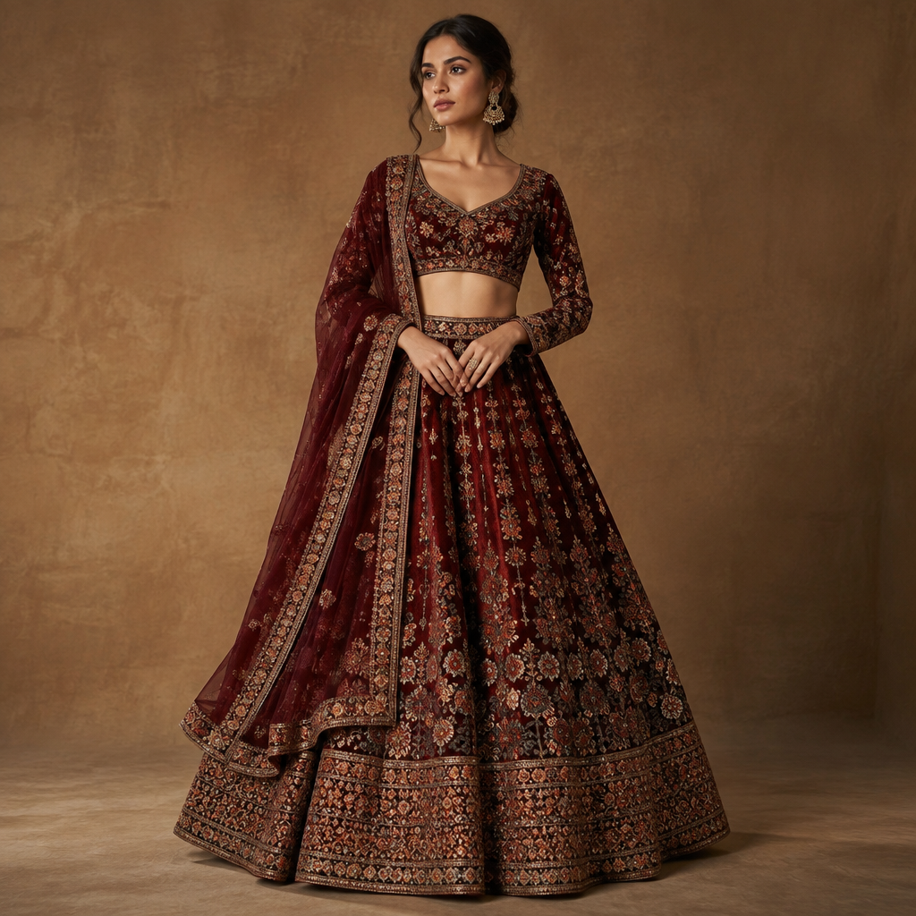 A Female Lehenga design, styled in layers, suitable for Fall, shown on a model with an athletic build. Consider Indian fashion aesthetics — consider saree, lehenga, salwar kameez, kurti, anarkali; local fabrics like chanderi, banarasi, chikankari, block prints; vibrant colors and rich embroidery. Current season is Autumn in India. Present it as professional fashion catalogue photography: the garment is the subject, shown full-length with editorial styling, neutral posing and tasteful, non-suggestive framing.
photorealistic fashion design, A Female Lehenga design, styled in layers, suitable for Fall, shown on a model with an athletic build. Consider Indian fashion aesthetics — consider saree, lehenga, salwar kameez, kurti, anarkali; local fabrics like chanderi, banarasi, chikankari, block prints; vibrant colors and rich embroidery. Current season is Autumn in India. Present it as professional fashion catalogue photography: the garment is the subject, shown full-length with editorial styling, neutral posing and tasteful, non-suggestive framing., just the design no text