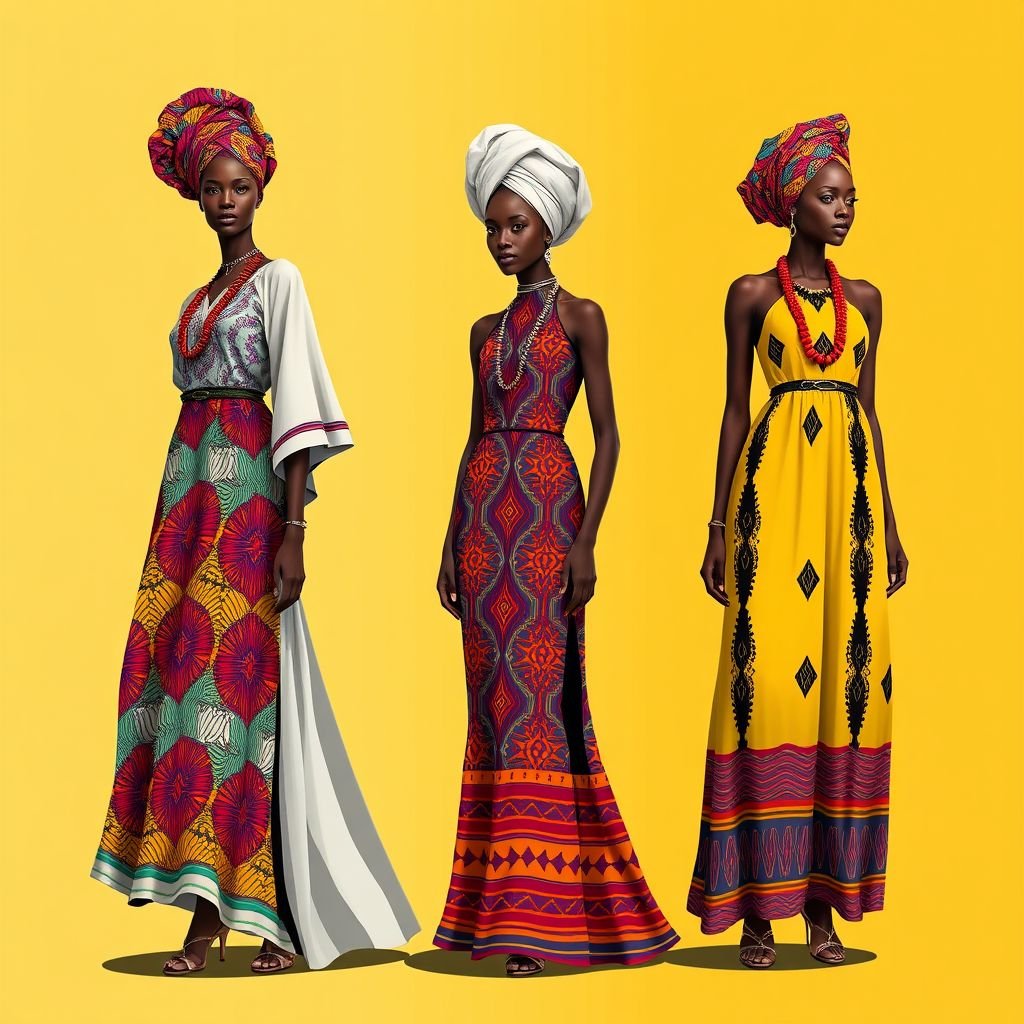 African culture
Design a vibrant African-inspired collection featuring flowing maxi dresses adorned with traditional kente patterns, elegant headwraps in bold, geometric prints, and hand-carved jewelry made from eco-friendly materials. Incorporate earthy hues with splashes of vivid colors, blending contemporary silhouettes with ancestral motifs, celebrating heritage while embracing modern elegance in everyday wear.