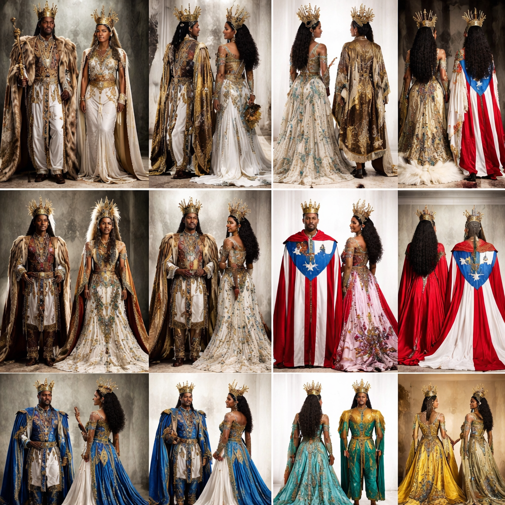 African kings, African queens, Native American kings, Native American queens, Boricua kings, Boricua queens, West Indian kings and queens, rooted in faith
African kings, African queens, Native American kings, Native American queens, Boricua kings, Boricua queens, West Indian kings and queens, rooted in faith, formal style, show front and back