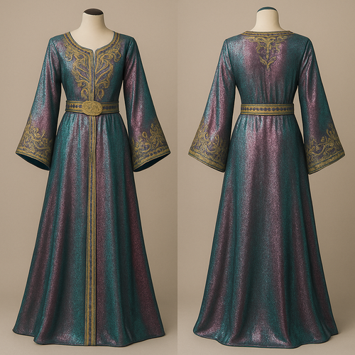 Create a takshita in petrol/pink lamé fabric that shimmers. Sfifa and zwaq maalam should be gold. Sleeves should be long and wide, from narrow to wider. Sleeves also should have zwaq maalam. Dress should be long and A-line
The under dress should be showing in petrol satin fabric. The zwaq maalam design should be fuller in de upper side (chest). Dress should have a gold moroccan belt 
