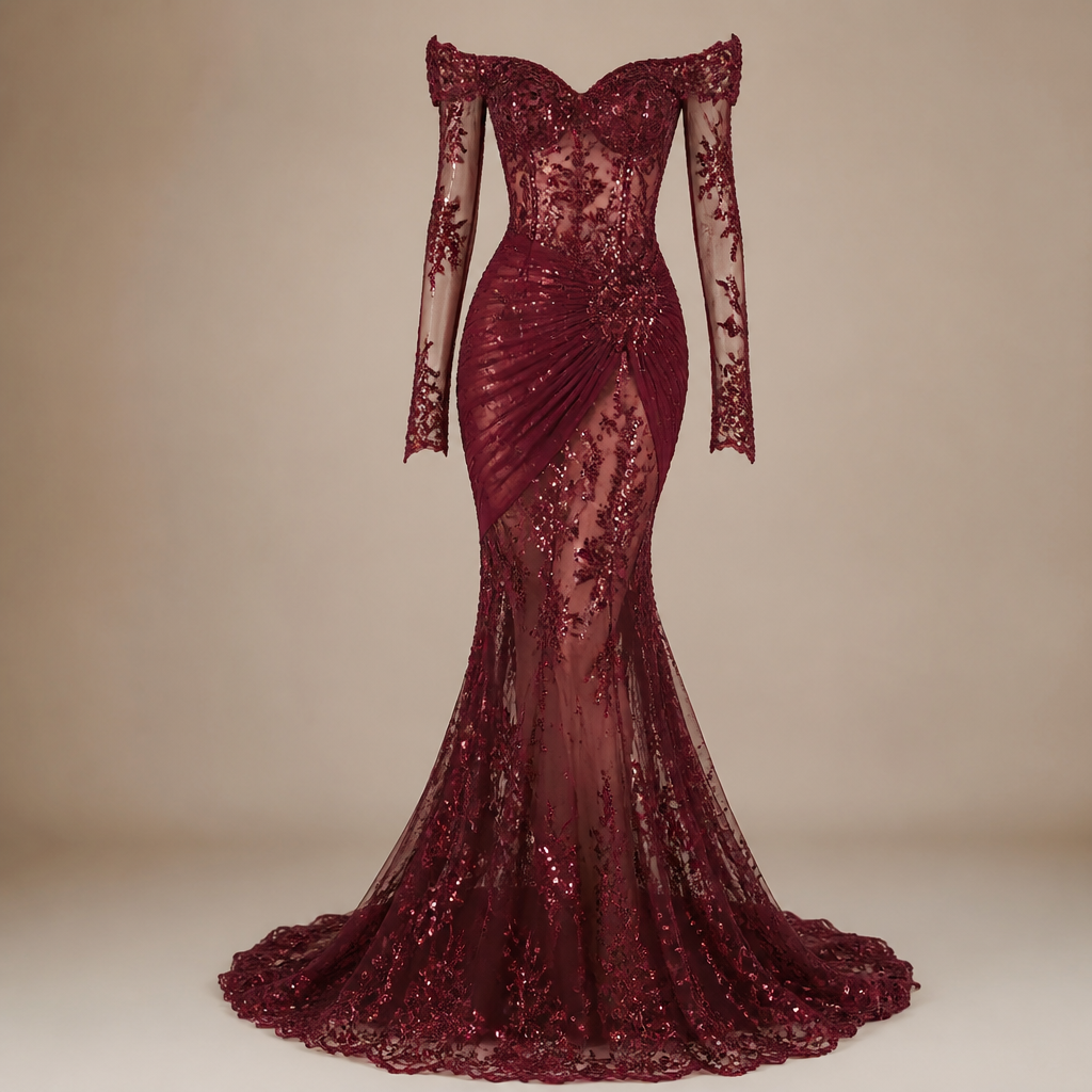 A Female Dress design, suitable for Summer. A luxurious floor-length burgundy evening gown featuring an off-the-shoulder neckline and a figure-hugging mermaid silhouette. The dress is crafted from sheer embroidered lace embellished with shimmering sequins and intricate floral patterns. Long fitted illusion sleeves add elegance and sophistication, while the ruched draping across the hips enhances the feminine shape. The semi-transparent bodice and skirt create a delicate, glamorous effect, flowing into a dramatic flared hem and subtle train. Perfect for formal galas, evening receptions, engagement parties, and red-carpet-inspired occasions.
photorealistic fashion design, A Female Dress design, suitable for Summer. A luxurious floor-length burgundy evening gown featuring an off-the-shoulder neckline and a figure-hugging mermaid silhouette. The dress is crafted from sheer embroidered lace embellished with shimmering sequins and intricate floral patterns. Long fitted illusion sleeves add elegance and sophistication, while the ruched draping across the hips enhances the feminine shape. The semi-transparent bodice and skirt create a delicate, glamorous effect, flowing into a dramatic flared hem and subtle train. Perfect for formal galas, evening receptions, engagement parties, and red-carpet-inspired occasions., just the design no text