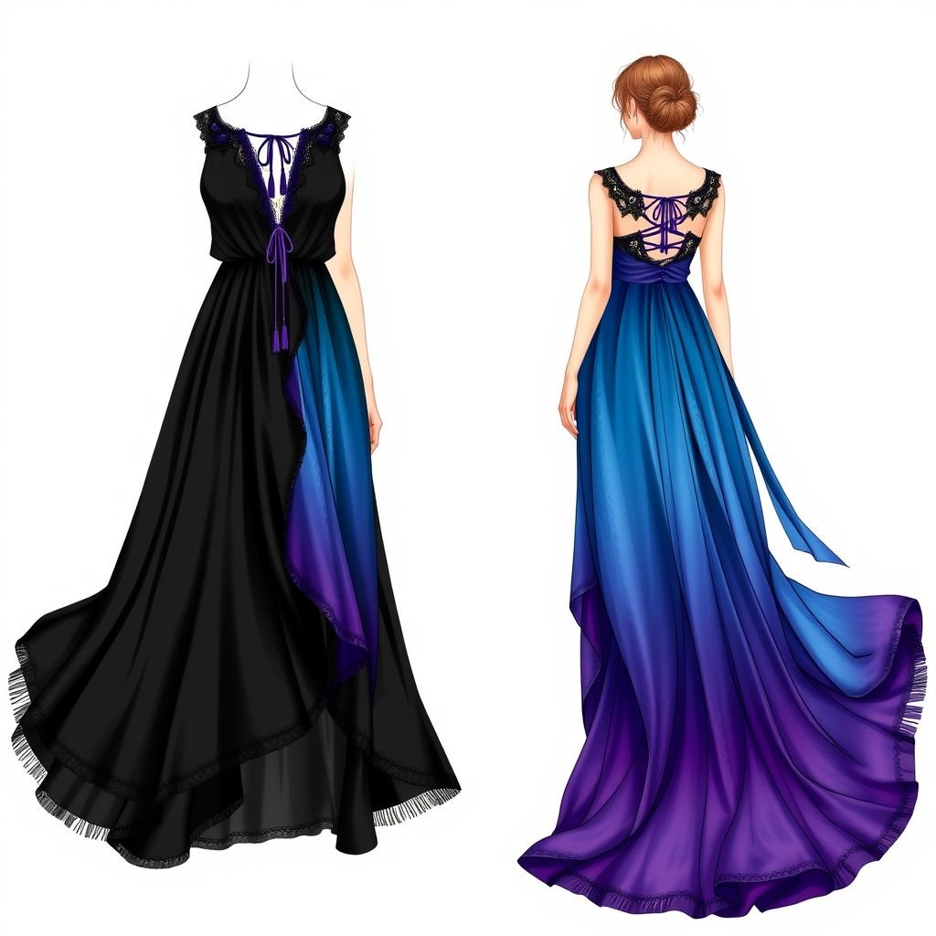 Modestly short black dress that when the neckline is untied morphs into a floor length blue and purple gown
Design a boho_chic inspired dress featuring a modestly short black base that flows into an enchanting floor-length gown of rich blue and purple hues when the neckline is elegantly untied. Incorporate delicate lace trims, layered flowing fabrics, and whimsical tassels, embodying free-spirited vibes with a touch of effortless elegance.