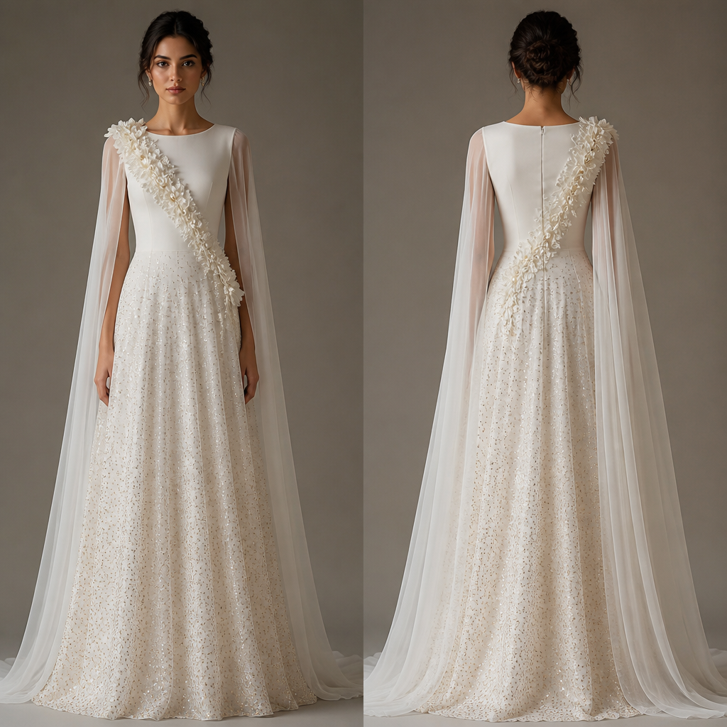 A white dress, with the skirt glittering with flecks of gold, the skirt goes down to the ankles, the bodice is fit, with a crossbody stream of all white flowers going from the left shoulder to the right waist curve, the sleeves have a sheer curtain from the front shoulder to the back
photorealistic fashion design, A white dress, with the skirt glittering with flecks of gold, the skirt goes down to the ankles, the bodice is fit, with a crossbody stream of all white flowers going from the left shoulder to the right waist curve, the sleeves have a sheer curtain from the front shoulder to the back, handmade style, just the design no text, show front and back