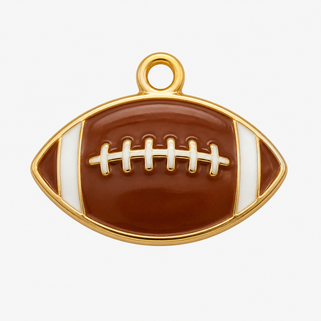 Design an 18mm flat enamel American football charm
photorealistic fashion design, Design an 18mm flat enamel American football charm, classic style, just the design no text