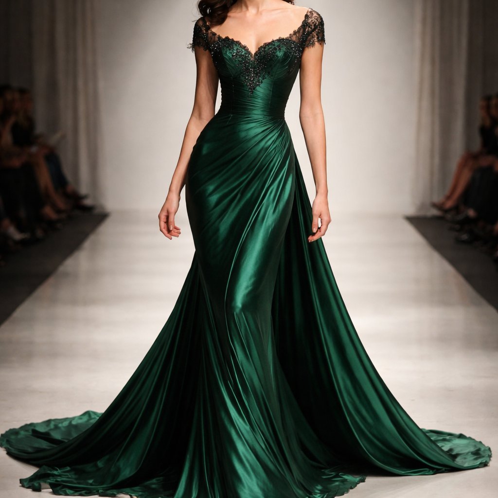 An elegant evening gown design, flowing silhouette with luxurious fabric such as silk or satin, deep rich colors like emerald green, royal blue, or classic black, intricate details with lace or subtle embroidery, a fitted bodice with a graceful neckline, soft draping, floor-length skirt, sophisticated and timeless style, high fashion, realistic lighting, detailed texture, runway quality”
An elegant evening gown design, flowing silhouette with luxurious fabric such as silk or satin, deep rich colors like emerald green, royal blue, or classic black, intricate details with lace or subtle embroidery, a fitted bodice with a graceful neckline, soft draping, floor-length skirt, sophisticated and timeless style, high fashion, realistic lighting, detailed texture, runway quality”