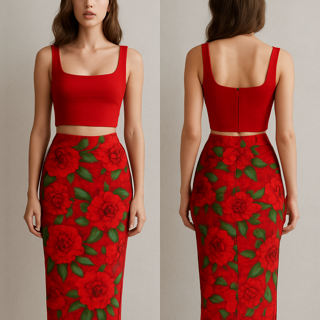 Red crop Top and long skinny skirt with red flowers. Add green leaves
Make it realistic
Red crop Top and long skinny skirt with red flowers. Add green leaves
Make it realistic , show front and back