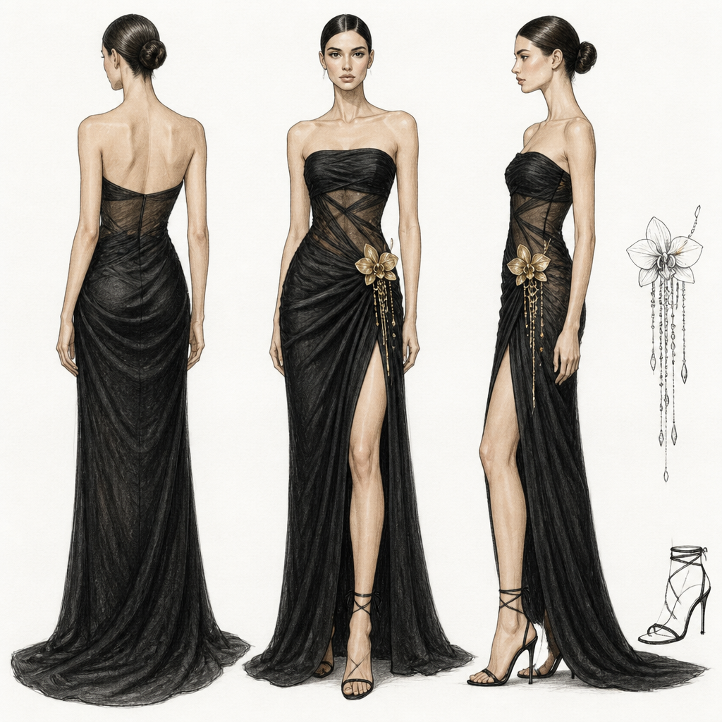 Αυτό το εξαιρετικό προσχέδιο (fashion sketch) παρουσιάζει ένα βραδινό φόρεμα υψηλής ραπτικής σε μαύρο χρώμα, αποτυπωμένο από τρεις διαφορετικές οπτικές γωνίες (μπροστά, πίσω και προφίλ), δίνοντας έμφαση στη δομή, την κίνηση και τις διακοσμητικές λεπτομέρειες.Ακολουθεί η πλήρης και λεπτομερής ανάλυση του σχεδίου:1. Η Μπροστινή Όψη (Κεντρική Φιγούρα)Γραμμή και Σιλουέτα: Το φόρεμα είναι στράπλες (strapless) με ίσιο ή ελαφρώς καμπυλωτό ντεκολτέ. Αγκαλιάζει σφιχτά το σώμα στον κορμό και τους γοφούς, αναδεικνύοντας τη θηλυκή σιλουέτα.Ντραπάρισμα (Draping): Το πιο χαρακτηριστικό στοιχείο είναι οι έντονες, διαγώνιες πτυχώσεις (ντραπέ) που ξεκινούν από το ύψος των γοφών και συγκεντρώνονται ασύμμετρα προς τη μία πλευρά της μέσης. Αυτό δημιουργεί μια αίσθηση πλούσιας κίνησης και υφής.Σκίσιμο (Slit): Στο κάτω μέρος, το φόρεμα ανοίγει με ένα βαθύ, εντυπωσιακό σκίσιμο που ξεκινά ψηλά από τον μηρό, αφήνοντας το πόδι ακάλυπτο κατά το βάδισμα και καταλήγοντας σε μια κομψή ουρά στο πάτωμα.2. Η Πίσω Όψη (Αριστερή Φιγούρα)Πλάτη και Κλείσιμο: Η πλάτη παραμένει στράπλες και σχετικά χαμηλή. Στο πάνω μέρος υπάρχει χειρόγραφη σημείωση με βέλος που δείχνει τη λέξη «φερμουάρ», υποδεικνύοντας το λειτουργικό κλείσιμο του ενδύματος στην πλάτη.Συνέχεια των Γραμμών: Οι πτυχώσεις συνεχίζουν ομαλά από το πλάι προς τα πίσω, αγκαλιάζοντας τους γλουτούς. Το φόρεμα καταλήγει σε μια διακριτική ουρά (train) που σέρνεται ελαφρώς στο έδαφος, προσθέτοντας θεατρικότητα και επισημότητα.3. Η Πλάγια / Ασύμμετρη Όψη (Δεξιά Φιγούρα)Διαφάνεια και Υφές: Εδώ αποκαλύπτεται μια πολύ ενδιαφέρουσα σχεδιαστική λεπτομέρεια. Το φόρεμα φαίνεται να ενσωματώνει ένθετα τμήματα από διαφάνεια (mesh/tulle) ή δαντέλα στην περιοχή της μέσης και των γοφών, δημιουργώντας ένα cut-out εφέ που παίζει με την ψευδαίσθηση του γυμνού δέρματος.Ασύμμετρο Κόψιμο: Το ντεκολτέ σε αυτή την εκδοχή εμφανίζει μια πιο γεωμετρική, ασύμμετρη δομή, ενισχύοντας τον μοντέρνο χαρακτήρα του ρούχου.4. Διακοσμητικά Στοιχεία και ΑξεσουάρΤο Χρυσό Λουλούδι: Στο σημείο όπου ενώνονται οι πτυχώσεις στη μέση, υπάρχει ένα τρισδιάστατο διακοσμητικό λουλούδι σε χρυσή απόχρωση.Ανάλυση Κοσμήματος: Στα δεξιά υπάρχει ένα ξεχωριστό, επεξηγηματικό γραμμικό σκίτσο που δείχνει ότι από το λουλούδι κρέμονται λεπτές αλυσίδες με μικρά κρεμαστά στοιχεία (πέρλες ή στρας), προσθέτοντας κίνηση και λάμψη.Υποδήματα: Στο κάτω δεξιά μέρος του χαρτιού, ο σχεδιαστής έχει μελετήσει τα ιδανικά παπούτσια για το look. Πρόκειται για ψηλοτάκουνα πέδιλα με λεπτά λουράκια (strappy heels) που δένουν γύρω από τον αστράγαλο, διατηρώντας την εμφάνιση ανάλαφρη και κομψή. Η μαύρη διαφάνεια είναι στην μέση επάνω ετσι ώστε να χωρίσεις το φόρεμα σε 2 μέρη σε στράπλες και το Φούστα έχει έντονες πολίτες αλλά με απαλό σχήμα πάνω στο ρούχο και δένουν στο λουλούδι που είναι χρήση ορχιδεα ακολουθεί σε την ανάλυση αλλά βασησου στο σχεδίο που σπυ εχω στείλει φωτογραφία ακόλουθα των συδιαζμο ιδρων στην εικόνα το ρούχο είναι με μολύβι που θες να βγάλεις. Greece fashion aesthetics.
photorealistic fashion design, Αυτό το εξαιρετικό προσχέδιο (fashion sketch) παρουσιάζει ένα βραδινό φόρεμα υψηλής ραπτικής σε μαύρο χρώμα, αποτυπωμένο από τρεις διαφορετικές οπτικές γωνίες (μπροστά, πίσω και προφίλ), δίνοντας έμφαση στη δομή, την κίνηση και τις διακοσμητικές λεπτομέρειες.Ακολουθεί η πλήρης και λεπτομερής ανάλυση του σχεδίου:1. Η Μπροστινή Όψη (Κεντρική Φιγούρα)Γραμμή και Σιλουέτα: Το φόρεμα είναι στράπλες (strapless) με ίσιο ή ελαφρώς καμπυλωτό ντεκολτέ. Αγκαλιάζει σφιχτά το σώμα στον κορμό και τους γοφούς, αναδεικνύοντας τη θηλυκή σιλουέτα.Ντραπάρισμα (Draping): Το πιο χαρακτηριστικό στοιχείο είναι οι έντονες, διαγώνιες πτυχώσεις (ντραπέ) που ξεκινούν από το ύψος των γοφών και συγκεντρώνονται ασύμμετρα προς τη μία πλευρά της μέσης. Αυτό δημιουργεί μια αίσθηση πλούσιας κίνησης και υφής.Σκίσιμο (Slit): Στο κάτω μέρος, το φόρεμα ανοίγει με ένα βαθύ, εντυπωσιακό σκίσιμο που ξεκινά ψηλά από τον μηρό, αφήνοντας το πόδι ακάλυπτο κατά το βάδισμα και καταλήγοντας σε μια κομψή ουρά στο πάτωμα.2. Η Πίσω Όψη (Αριστερή Φιγούρα)Πλάτη και Κλείσιμο: Η πλάτη παραμένει στράπλες και σχετικά χαμηλή. Στο πάνω μέρος υπάρχει χειρόγραφη σημείωση με βέλος που δείχνει τη λέξη «φερμουάρ», υποδεικνύοντας το λειτουργικό κλείσιμο του ενδύματος στην πλάτη.Συνέχεια των Γραμμών: Οι πτυχώσεις συνεχίζουν ομαλά από το πλάι προς τα πίσω, αγκαλιάζοντας τους γλουτούς. Το φόρεμα καταλήγει σε μια διακριτική ουρά (train) που σέρνεται ελαφρώς στο έδαφος, προσθέτοντας θεατρικότητα και επισημότητα.3. Η Πλάγια / Ασύμμετρη Όψη (Δεξιά Φιγούρα)Διαφάνεια και Υφές: Εδώ αποκαλύπτεται μια πολύ ενδιαφέρουσα σχεδιαστική λεπτομέρεια. Το φόρεμα φαίνεται να ενσωματώνει ένθετα τμήματα από διαφάνεια (mesh/tulle) ή δαντέλα στην περιοχή της μέσης και των γοφών, δημιουργώντας ένα cut-out εφέ που παίζει με την ψευδαίσθηση του γυμνού δέρματος.Ασύμμετρο Κόψιμο: Το ντεκολτέ σε αυτή την εκδοχή εμφανίζει μια πιο γεωμετρική, ασύμμετρη δομή, ενισχύοντας τον μοντέρνο χαρακτήρα του ρούχου.4. Διακοσμητικά Στοιχεία και ΑξεσουάρΤο Χρυσό Λουλούδι: Στο σημείο όπου ενώνονται οι πτυχώσεις στη μέση, υπάρχει ένα τρισδιάστατο διακοσμητικό λουλούδι σε χρυσή απόχρωση.Ανάλυση Κοσμήματος: Στα δεξιά υπάρχει ένα ξεχωριστό, επεξηγηματικό γραμμικό σκίτσο που δείχνει ότι από το λουλούδι κρέμονται λεπτές αλυσίδες με μικρά κρεμαστά στοιχεία (πέρλες ή στρας), προσθέτοντας κίνηση και λάμψη.Υποδήματα: Στο κάτω δεξιά μέρος του χαρτιού, ο σχεδιαστής έχει μελετήσει τα ιδανικά παπούτσια για το look. Πρόκειται για ψηλοτάκουνα πέδιλα με λεπτά λουράκια (strappy heels) που δένουν γύρω από τον αστράγαλο, διατηρώντας την εμφάνιση ανάλαφρη και κομψή. Η μαύρη διαφάνεια είναι στην μέση επάνω ετσι ώστε να χωρίσεις το φόρεμα σε 2 μέρη σε στράπλες και το Φούστα έχει έντονες πολίτες αλλά με απαλό σχήμα πάνω στο ρούχο και δένουν στο λουλούδι που είναι χρήση ορχιδεα ακολουθεί σε την ανάλυση αλλά βασησου στο σχεδίο που σπυ εχω στείλει φωτογραφία ακόλουθα των συδιαζμο ιδρων στην εικόνα το ρούχο είναι με μολύβι που θες να βγάλεις. Greece fashion aesthetics., just the design no text