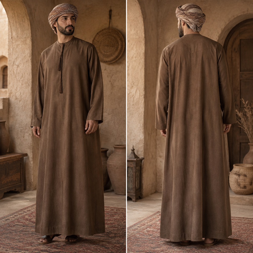 A Male Abaya design, made of Linen, with a sturdy, casual hand, with an A-Line silhouette, with modest, full coverage: longer hemlines, higher necklines and covered shoulders, in an Earth Tones color palette, for Casual, suitable for Fall, suited to a Humid climate, in Vintage + Cottagecore + Bohemian style, shown on a model with medium skin tone. عباية بنيه قصة a لاين فنتج نفس الصورة. Oman fashion aesthetics. Present it as professional fashion catalogue photography: the garment is the subject, shown full-length with editorial styling, neutral posing and tasteful, non-suggestive framing.
photorealistic fashion design, A Male Abaya design, made of Linen, with a sturdy, casual hand, with an A-Line silhouette, with modest, full coverage: longer hemlines, higher necklines and covered shoulders, in an Earth Tones color palette, for Casual, suitable for Fall, suited to a Humid climate, in Vintage + Cottagecore + Bohemian style, shown on a model with medium skin tone. عباية بنيه قصة a لاين فنتج نفس الصورة. Oman fashion aesthetics. Present it as professional fashion catalogue photography: the garment is the subject, shown full-length with editorial styling, neutral posing and tasteful, non-suggestive framing., vintage style, just the design no text, show front and back