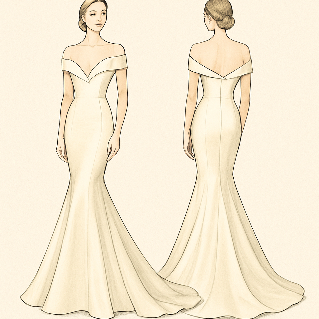 V-neck evening dress with a tail and off-the-shoulder mermaid cut
V-neck evening dress with a tail and off-the-shoulder mermaid cut
, classic style, show front and back