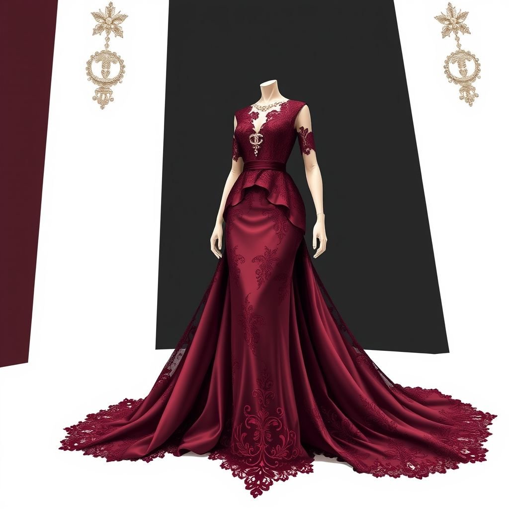 Chanel
Design a sumptuous evening gown inspired by Chanel's iconic elegance, featuring intricate lace overlays and rich silk fabrics in deep burgundy. Adorn with delicate, hand-embroidered pearl details and a dramatic, cascading train. Emphasize a classic silhouette with a modern twist, exuding sophistication and timeless luxury fit for a high-fashion gala.