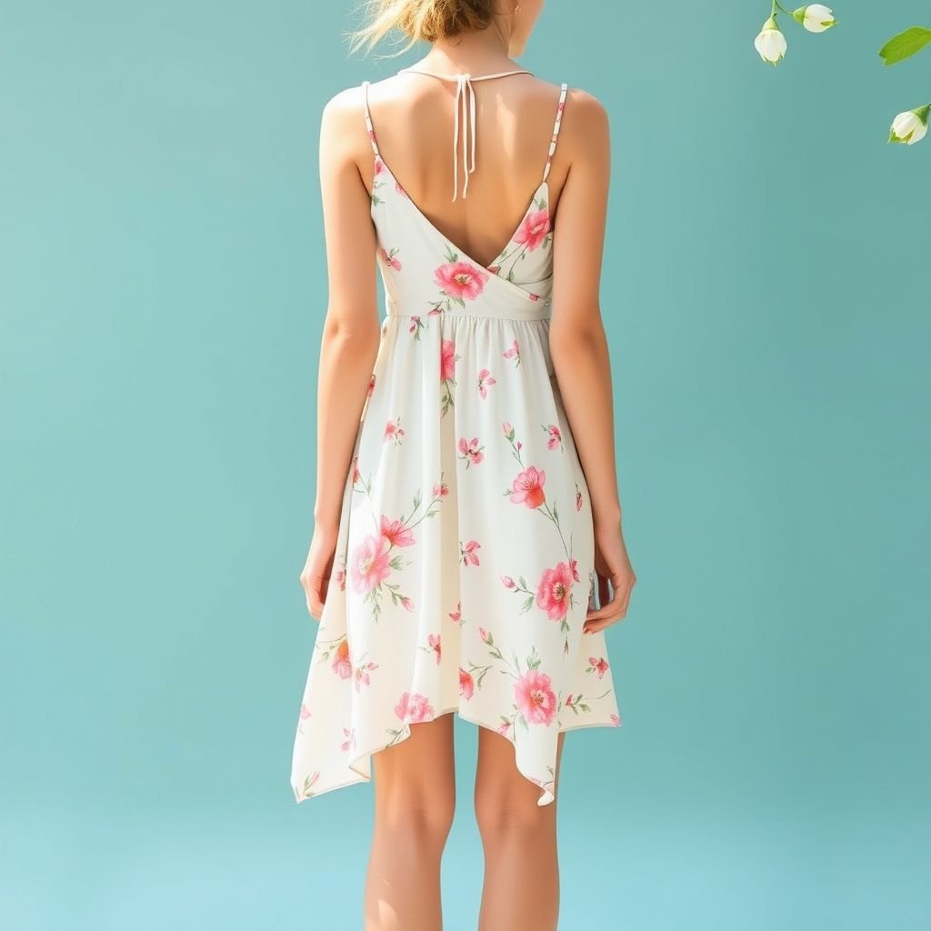 שמלת קצרה של קיץ סטייל נקי קדימה ואחורה
Imagine a vibrant summer mini dress with a fresh, clean aesthetic. The front features a subtle, asymmetric neckline, while the back cascades into a soft drape, creating fluidity. Adorned with delicate, hand-painted floral patterns in pastel shades, it’s perfect for sunlit adventures, exuding effortless elegance and youthful charm.