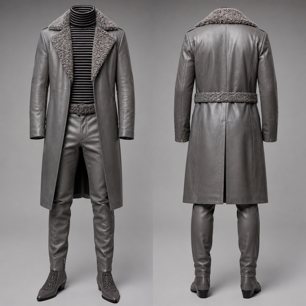 N o model ,men’s long leather coat lapel with a Persian lamb collar with matching leather pants and a Persian lamb belt with a black and white striped turtleneck and black leather short ankle boots with a pointy toe and a zipper on side on the and Persian lamb on the front of the boot and leather from ankle up . The entire outfit in grey
photorealistic fashion design, N o model ,men’s long leather coat lapel with a Persian lamb collar with matching leather pants and a Persian lamb belt with a black and white striped turtleneck and black leather short ankle boots with a pointy toe and a zipper on side on the and Persian lamb on the front of the boot and leather from ankle up . The entire outfit in grey , leather style, just the design no text, show front and back
