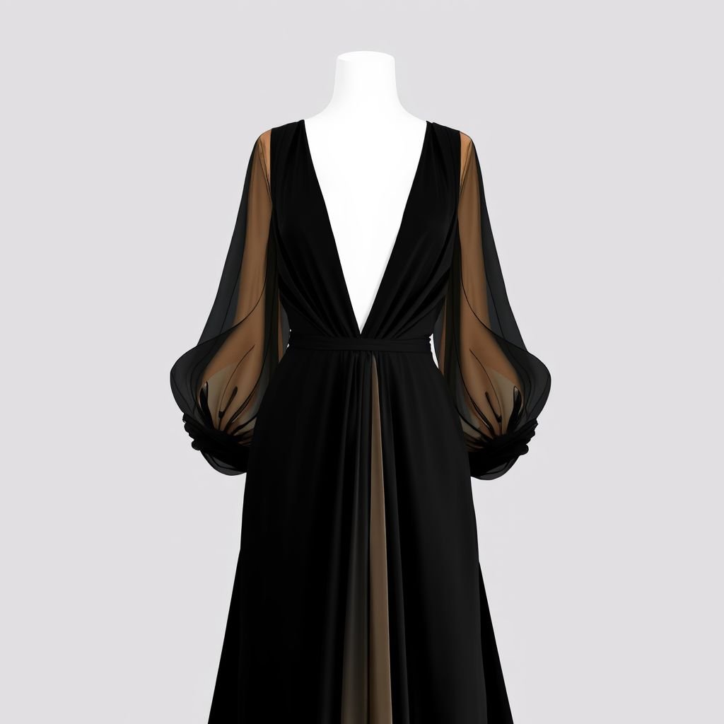 Deep V neckline, cinched waist, long sheer sleeves • Fabric: Matte silk • Color: Black, Champagne
Design a glamorous evening gown featuring a daring deep V neckline and a cinched waist that accentuates the silhouette. Long, ethereal sheer sleeves billow gracefully, adding an air of sophistication. Crafted from luxurious matte silk, the gown blends deep black with elegant champagne accents, creating a stunning contrast that radiates timeless allure.