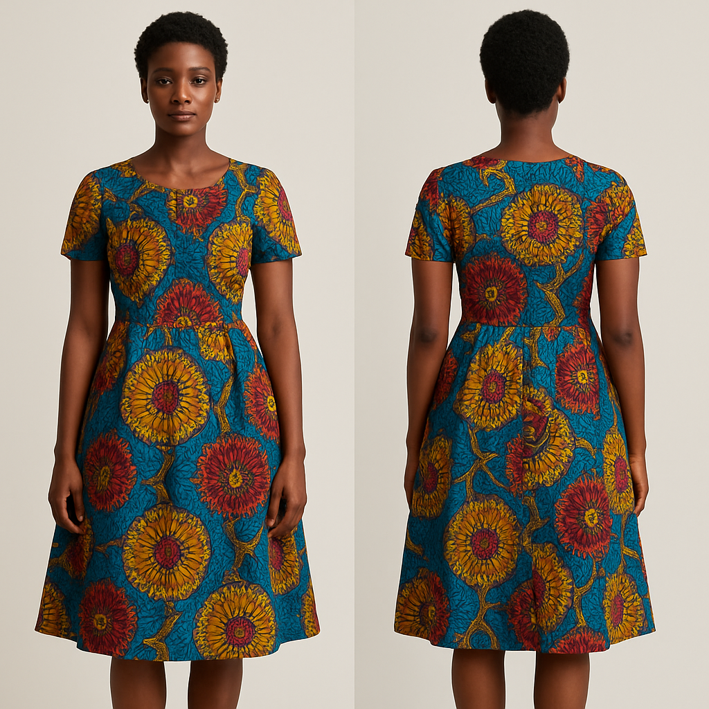 An Ankara gown with invisible zip at the bust that is free to wear to church but beneath the knee
An Ankara gown with invisible zip at the bust that is free to wear to church but beneath the knee , show front and back