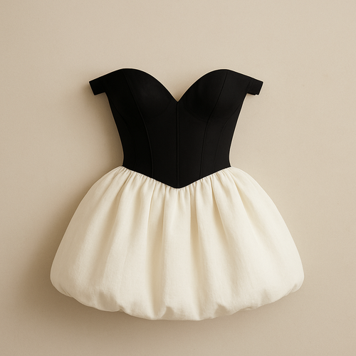 Mini dress with corset top Bardot thin straps sitting below shoulders
Skirt part to be puffball
Corset longer and straight across at end
Corset longer so less skirt showing
Remove top straps and make Bardot straps thinner
V neck in corset
Make corset black and skirt off white