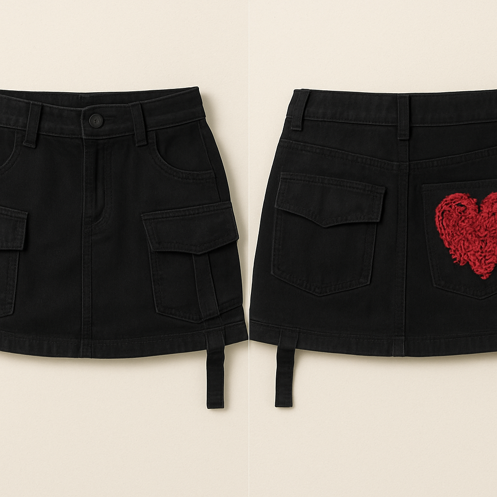 Mini black skirt, with a heart shaped cut on the back pocket filled with red crochet. It has to be a cargo low fit mini skirt, with some straps and stitches at the end. The crochet has to be more messy and big
Mini black skirt, with a heart shaped cut on the back pocket filled with red crochet. It has to be a cargo low fit mini skirt, with some straps and stitches at the end. The crochet has to be more messy and big
, streetwear style, show front and back