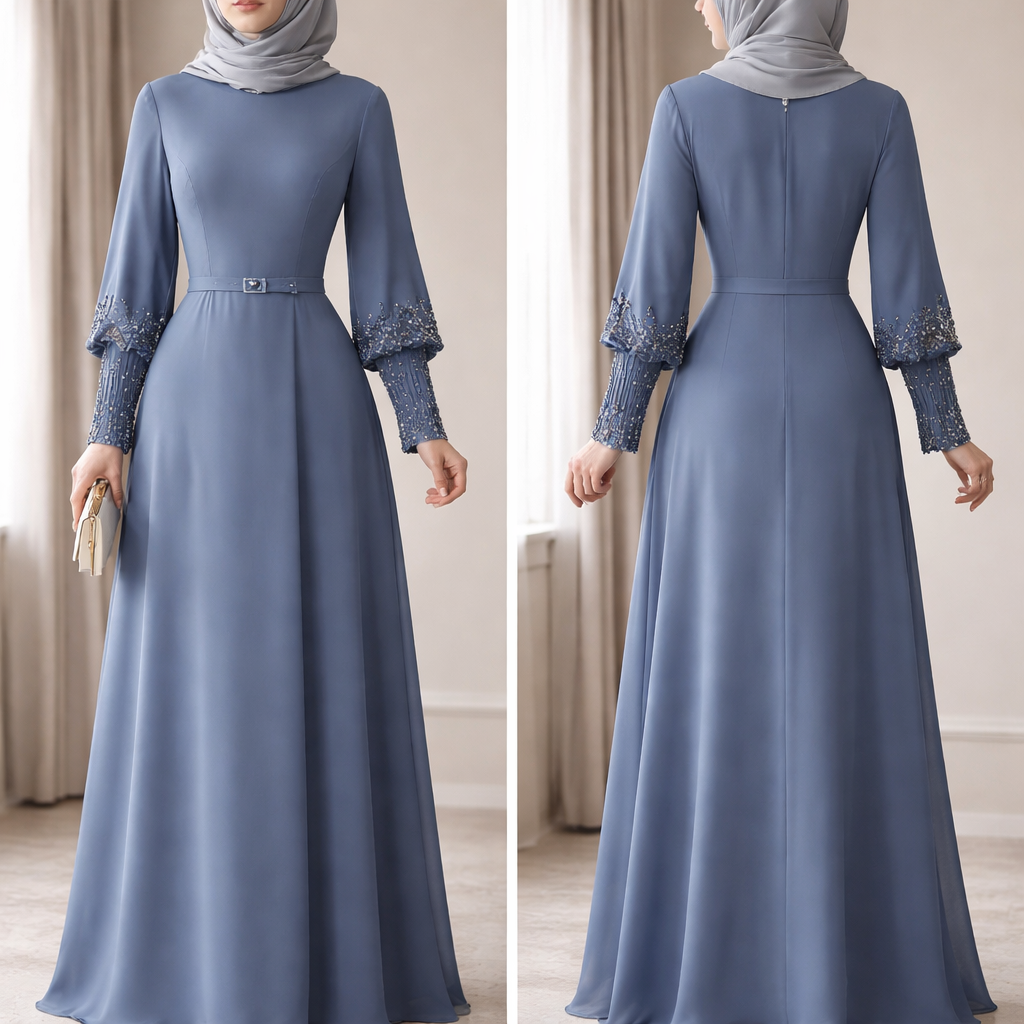 want a modern, elegant dress suitable for a hijabi woman. It should be very modest and well-covered, not puffy or princess style. I prefer a contemporary design with special detailing on the sleeves.color blue
want a modern, elegant dress suitable for a hijabi woman. It should be very modest and well-covered, not puffy or princess style. I prefer a contemporary design with special detailing on the sleeves.color blue, show front and back