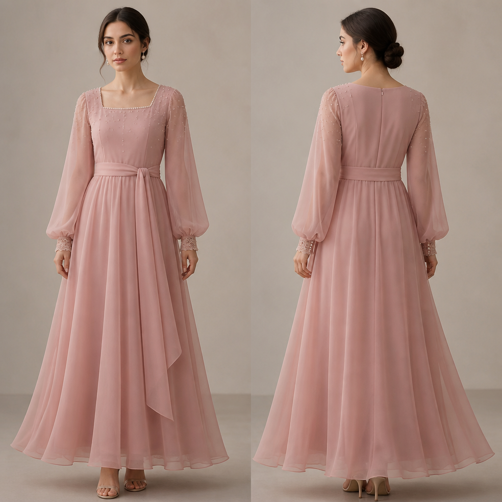 A Female Dress design, made of Linen, for Casual, suitable for Summer. 🌸 Dress Vision: "Rose Mist"
Style: Elegant Minimalist
Occasion: Eid, dinner party, family gathering
Color: Dusty rose pink
Fabric:
Outer layer: Soft chiffon
Inner lining: Cotton silk
Silhouette:
A-line dress that flows gently from the waist
Ankle length
Soft, graceful movement while walking
Neckline:
Modest square neckline
Delicate pearl edging
Sleeves:
Full-length bishop sleeves
Light gathers at the wrist
Pearl-button cuffs
Details:
Tiny pearl accents scattered near the shoulders
Thin lace trim along the sleeve cuffs
Hidden side pockets
Matching chiffon belt to define the waist
Overall Feel: The dress looks sophisticated, feminine, and expensive without heavy embroidery. It feels like something a confident young woman would wear to a special gathering while still remaining comfortable and modest.. Design with modest coverage.
photorealistic fashion design, A Female Dress design, made of Linen, for Casual, suitable for Summer. 🌸 Dress Vision: "Rose Mist"
Style: Elegant Minimalist
Occasion: Eid, dinner party, family gathering
Color: Dusty rose pink
Fabric:
Outer layer: Soft chiffon
Inner lining: Cotton silk
Silhouette:
A-line dress that flows gently from the waist
Ankle length
Soft, graceful movement while walking
Neckline:
Modest square neckline
Delicate pearl edging
Sleeves:
Full-length bishop sleeves
Light gathers at the wrist
Pearl-button cuffs
Details:
Tiny pearl accents scattered near the shoulders
Thin lace trim along the sleeve cuffs
Hidden side pockets
Matching chiffon belt to define the waist
Overall Feel: The dress looks sophisticated, feminine, and expensive without heavy embroidery. It feels like something a confident young woman would wear to a special gathering while still remaining comfortable and modest.. Design with modest coverage., just the design no text, show front and back
