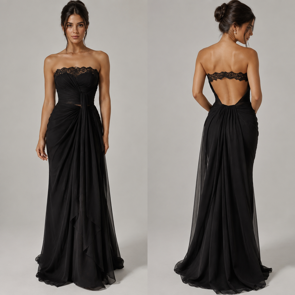 Faça um lindo tomara que caia preto com dois tecidos um em cada lado que dão um nó no meio/ um pouco pra esquerda da blusa e desce até embaixo. Deve ter rendas pretas na parte de cima, só encima e em formato reto segindo a blusa e atrás um decote nas costas inteira pra ficar com as costas abertas no meio tipo o formato de um olho
photorealistic fashion design, Faça um lindo tomara que caia preto com dois tecidos um em cada lado que dão um nó no meio/ um pouco pra esquerda da blusa e desce até embaixo. Deve ter rendas pretas na parte de cima, só encima e em formato reto segindo a blusa e atrás um decote nas costas inteira pra ficar com as costas abertas no meio tipo o formato de um olho, just the design no text, show front and back