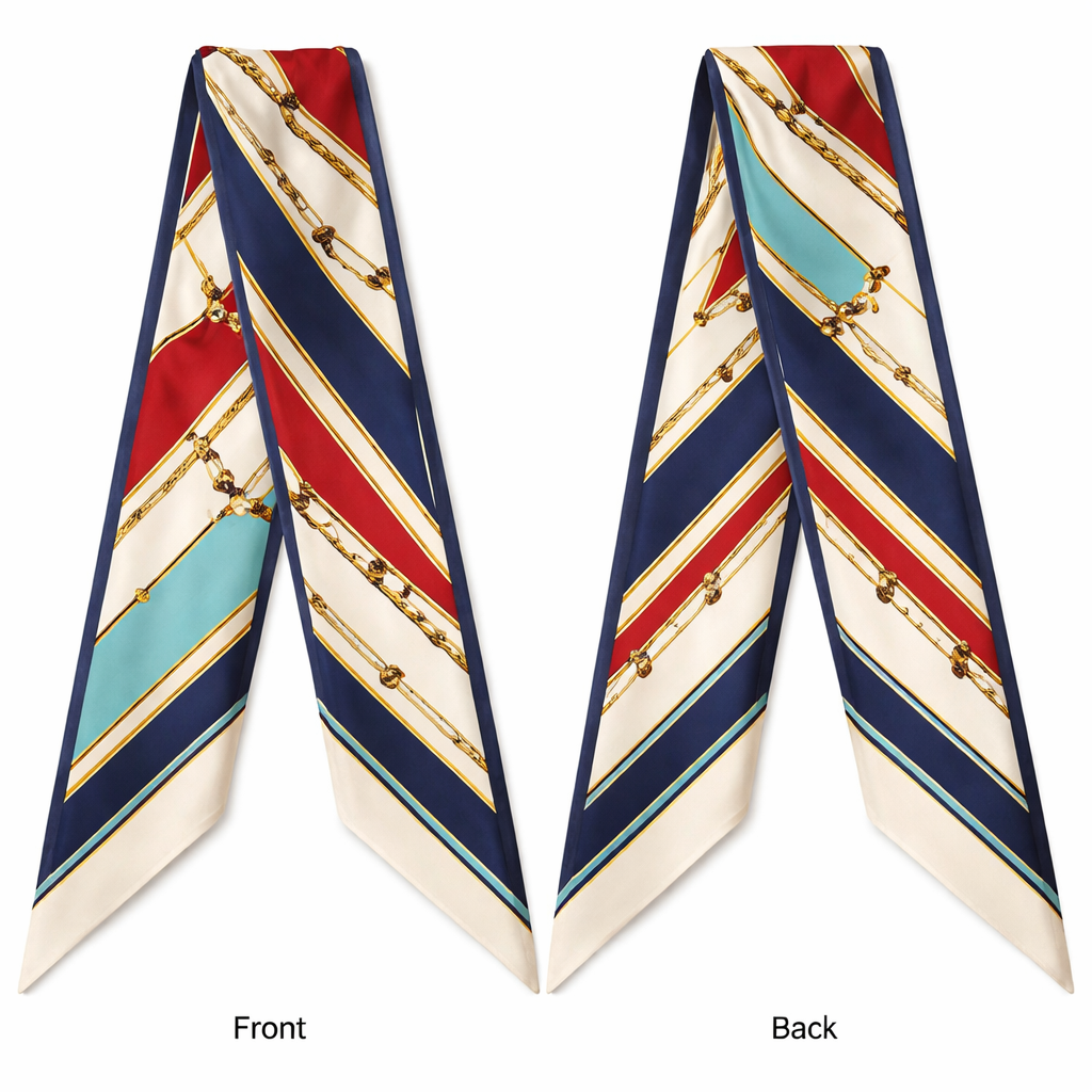 Design a scarf that is 5x86cm to be wrapped around the handle of a handbag for the World Cup 2026 no logos or words. Something Blair Waldorf would wear. Same colors but more simple add a touch of teal
Design a scarf that is 5x86cm to be wrapped around the handle of a handbag for the World Cup 2026 no logos or words. Something Blair Waldorf would wear. Same colors but more simple add a touch of teal, classic style, show front and back