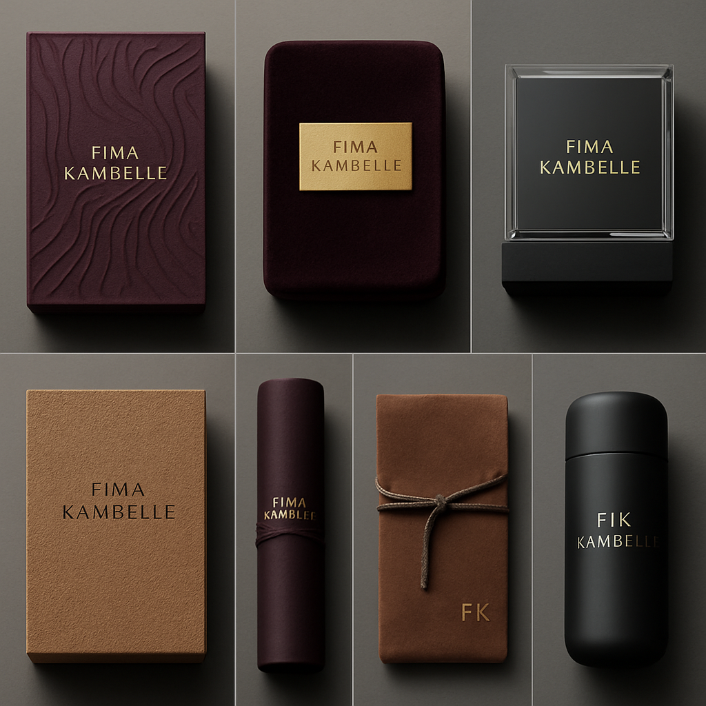 FIMA KAMBELLE clothing brand packaging
1. Sculpted art boxes with carved textures in deep plum or obsidian.
2. Velvet-wrapped cases with gold metal nameplates.
3. Matte boxes with crystal-edge lids for a luxe reveal.
4. Sand-pressed textured boxes in rich, earthy tones.
5. Silk-wrapped scroll tubes for scarves and accessories.
6. Suede pouches with metallic cords and minimal FK branding.
7. Seamless magnetic capsules for a modern, couture feel.
FIMA KAMBELLE clothing brand packaging
1. Sculpted art boxes with carved textures in deep plum or obsidian.
2. Velvet-wrapped cases with gold metal nameplates.
3. Matte boxes with crystal-edge lids for a luxe reveal.
4. Sand-pressed textured boxes in rich, earthy tones.
5. Silk-wrapped scroll tubes for scarves and accessories.
6. Suede pouches with metallic cords and minimal FK branding.
7. Seamless magnetic capsules for a modern, couture feel.
