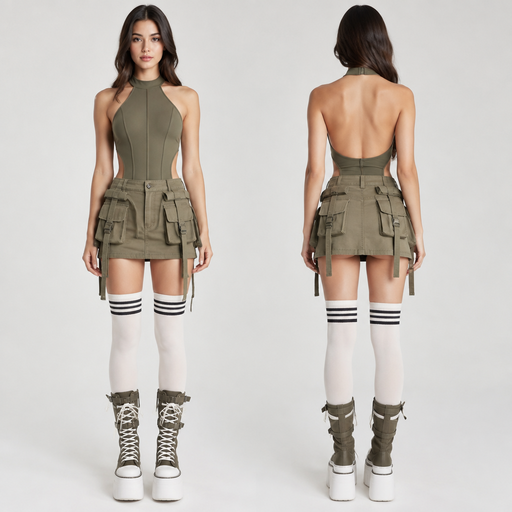 W omen's cargo skirt halter neck bodysuit thighhighstriped socks lace up over the knee platform sneaker.
photorealistic fashion design, W omen's cargo skirt halter neck bodysuit thighhighstriped socks lace up over the knee platform sneaker., streetwear style, just the design no text, show front and back
