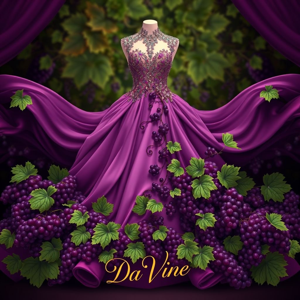 Make a fancy, unique, runway dress, make the bottom look like grapes, in a fashionable way, and the top to signify vines. Put “Da’Vine” in bottom right
Design a luxurious runway dress that embodies glamour with sumptuous, flowing fabrics. The bodice should feature an elegant, vine-inspired silhouette adorned with intricate beadwork. The skirt cascades into a lavish arrangement of grape-like clusters in rich purples and greens, creating a lavish visual. Embellish with “Da’Vine” elegantly stitched in gold at the hem.