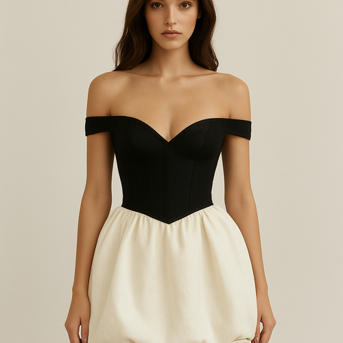 Mini dress with corset top Bardot thin straps sitting below shoulders
Skirt part to be puffball
Corset longer and straight across at end
Corset longer so less skirt showing
Remove top straps and make Bardot straps thinner
V neck in corset
Make corset black and skirt off white
Snow on model
Remove snow
Shorter skirt