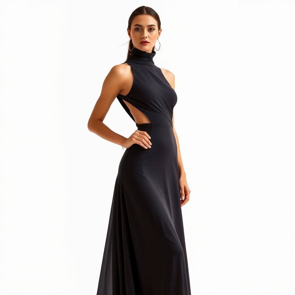 Design a summer long dress with an open cut at the belly area , turtleneck with open side boob area,tight at the hip area and a little loose at the bottom on a caramel model plain background and front view
Create an elegant summer long dress that exudes sophistication and grace. The design features a sleek turtleneck, with daring open cutouts accentuating the side and belly area. It hugs the hips perfectly, flowing gently into a loose, ethereal bottom. Showcase this striking piece on a caramel-toned model against a minimalist background, emphasizing its refined silhouette.