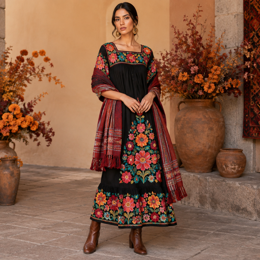 A Female Dress design, suitable for Fall. Consider Mexican fashion — huipil and rebozo traditions, vibrant embroidery, Oaxacan textiles, colorful folk art influence. Current season is Autumn in Mexico. Present it as professional fashion catalogue photography: the garment is the subject, shown full-length with editorial styling, neutral posing and tasteful, non-suggestive framing.
photorealistic fashion design, A Female Dress design, suitable for Fall. Consider Mexican fashion — huipil and rebozo traditions, vibrant embroidery, Oaxacan textiles, colorful folk art influence. Current season is Autumn in Mexico. Present it as professional fashion catalogue photography: the garment is the subject, shown full-length with editorial styling, neutral posing and tasteful, non-suggestive framing., just the design no text
