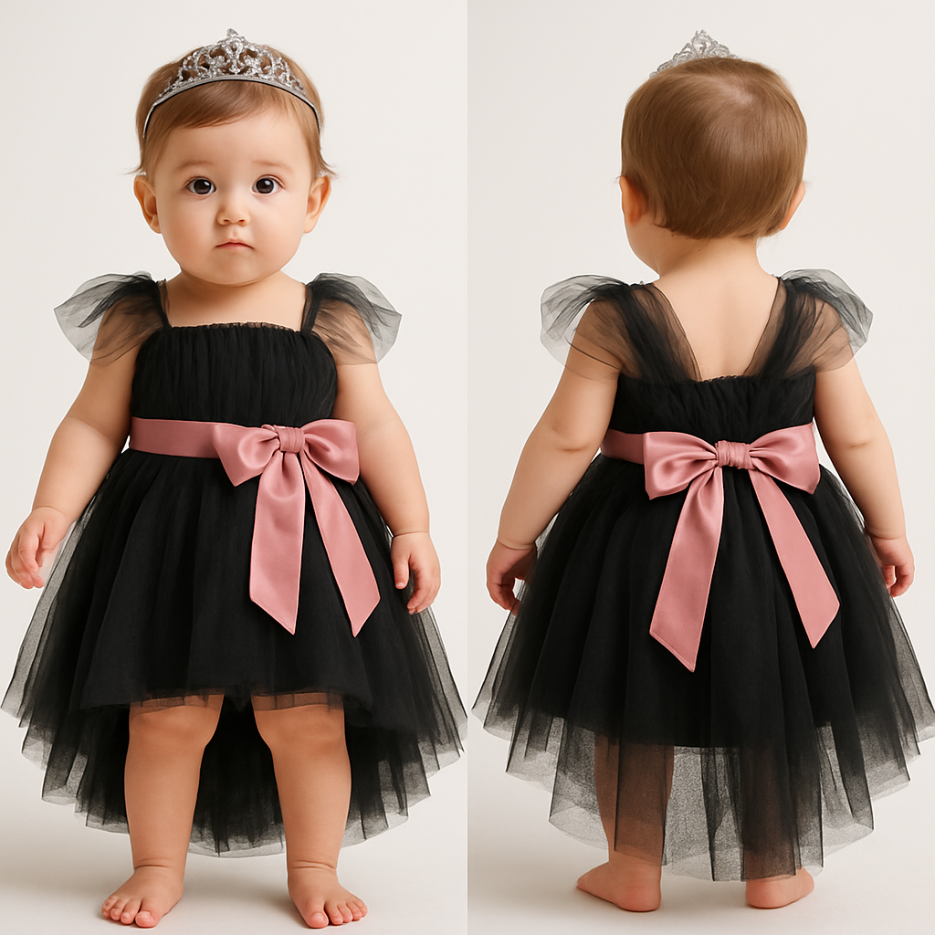 1歳の女の子のベビードレス着用画
黒のチュールドレス、前が短くて後ろが長いスカート、短長はっきりと
上半身は、細かいギャザーを寄せたベアトップのチュールのボディス
その上から同一色のチュールショルダーラップ、肩から膝上までをふんわり巻き付けるように、背中で左右のショルダーラップがくっつくように
胸下の切り返しにローズピンクのサテン生地の太めのリボンを前から一周巻いて、真ん中ではなく、左前あたりで大きくリボン縛り
リボンの結び目は前
頭には派手すぎないシルバーのティアラ
1歳の女の子のベビードレス着用画
黒のチュールドレス、前が短くて後ろが長いスカート、短長はっきりと
上半身は、細かいギャザーを寄せたベアトップのチュールのボディス
その上から同一色のチュールショルダーラップ、肩から膝上までをふんわり巻き付けるように、背中で左右のショルダーラップがくっつくように
胸下の切り返しにローズピンクのサテン生地の太めのリボンを前から一周巻いて、真ん中ではなく、左前あたりで大きくリボン縛り
リボンの結び目は前
頭には派手すぎないシルバーのティアラ, show front and back