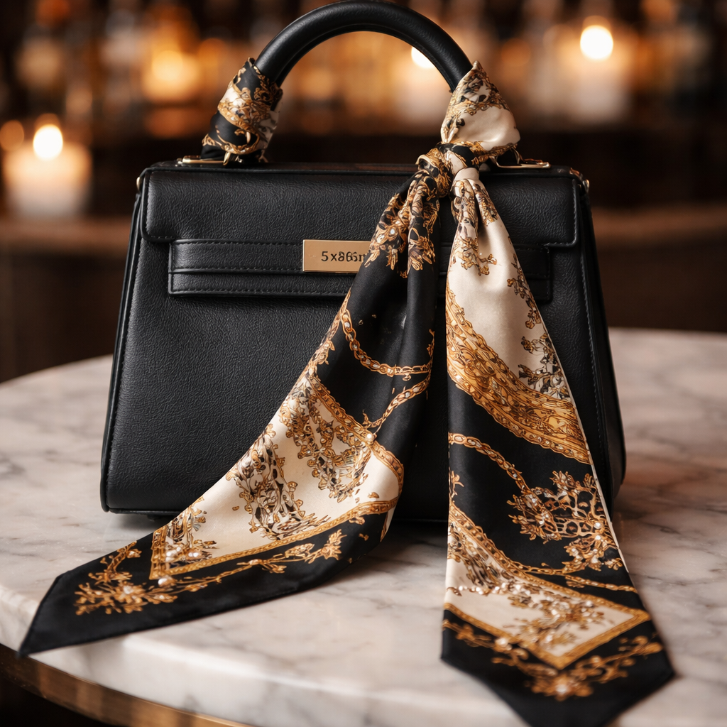 Silk scarf that is 5x86cm designed for a handle on a Kelly style bag for a woman going out to a sophisticated bar or big hut club
Silk scarf that is 5x86cm designed for a handle on a Kelly style bag for a woman going out to a sophisticated bar or big hut club, classic style