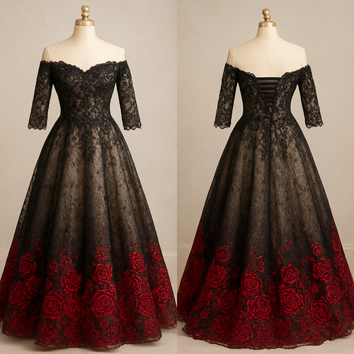 Lace glittery Black A-line off-the-shoulder 1/3 lace sleeves wedding dress with champagne underlining. Corset back, with embroidered sequin beading on the top. The bottom fades into red with embroidered red sequined roses.