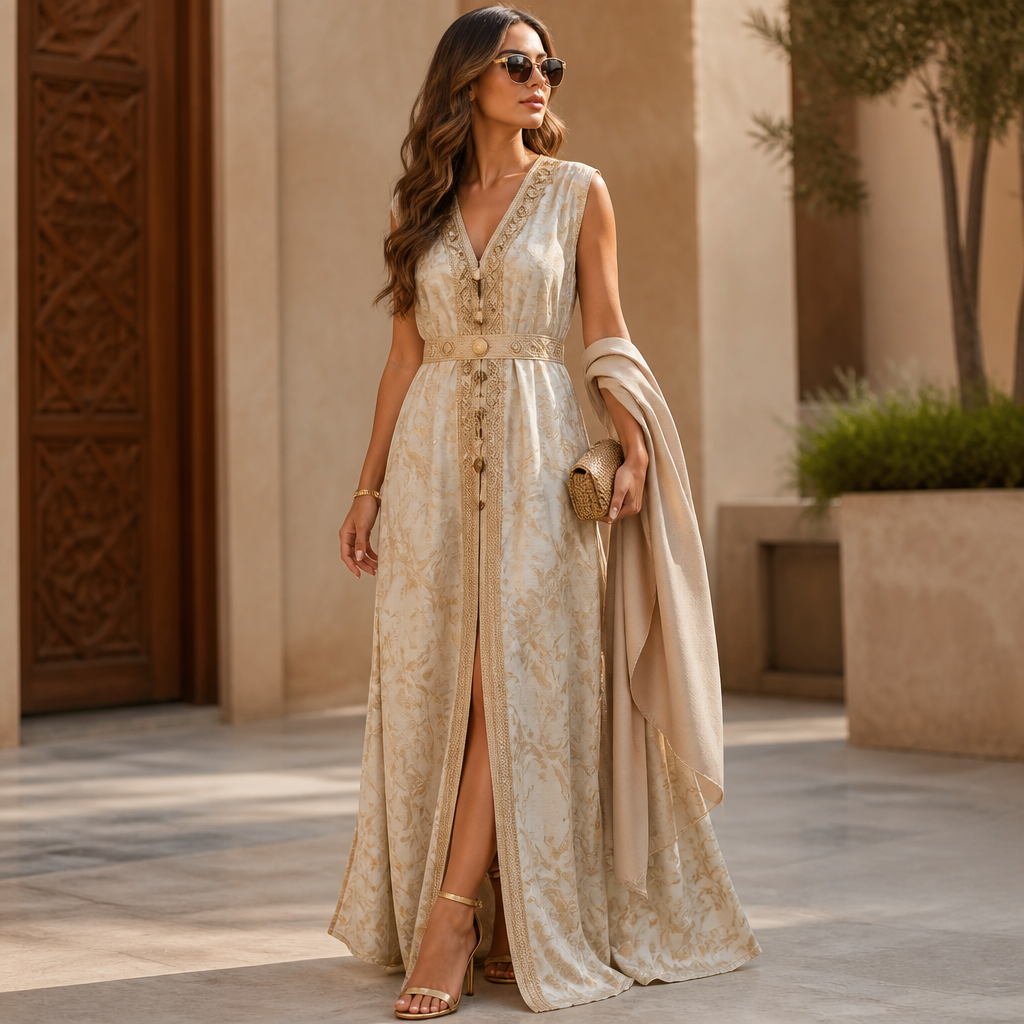 A Female Dress design, suitable for Summer. Merci de transformer la tenue de la femme en caftan marocain en y ajoutant de la sfifa et des boutons d'el aakad sans manches, inspiré des modèles de caftans marocains récents tendance 2026. Col V moderne et merci de supprimer les écritures et symboles sur l'image. Merci de conserver la coiffure originale du mannequin décrite sur la première photo. Merci de faire une ouverture au niveau du décolleté. Merci de faire une fente juste au niveau des genoux. Les sandals talons sont conservés. Merci de lui porter une mdama moderne en tissu .Le tissu de sa tenue originale décrite sur la première photo, ainsi que sa couleur, ses motifs et ses accessoires sont conservés. Merci de compléter l'image en montrant la silhouette de la jeune femme en entier de la tête aux pieds. Et merci de changer l'arrière-plan. Merci de changer de pose par rapport à la pose initiale. Merci de remplacer la tête et le visage de la femme decrite sur la première photo par la tête et le visage de la femme decrite sur la deuxième photo. Merci de changer la couleur de ses cheveux en utilisant une couleur brune dégradée. Merci de lui porter des lunettes de soleil tendance avec des verres de couleur foncée et une monture en couleur argentée. Ses sandals talons sont de couleur dorées. Le tissu du caftan n'est pas transparent. Merci de supprimer les écritures et symboles sur l'image. La broderie marocaine .merci de changer de pose par rapport à la pose initiale décrite sur la première.La taille du caftan est large, le caftan ne doit pas être serré sur le corps de la femme. Morocco fashion aesthetics.
photorealistic fashion design, A Female Dress design, suitable for Summer. Merci de transformer la tenue de la femme en caftan marocain en y ajoutant de la sfifa et des boutons d'el aakad sans manches, inspiré des modèles de caftans marocains récents tendance 2026. Col V moderne et merci de supprimer les écritures et symboles sur l'image. Merci de conserver la coiffure originale du mannequin décrite sur la première photo. Merci de faire une ouverture au niveau du décolleté. Merci de faire une fente juste au niveau des genoux. Les sandals talons sont conservés. Merci de lui porter une mdama moderne en tissu .Le tissu de sa tenue originale décrite sur la première photo, ainsi que sa couleur, ses motifs et ses accessoires sont conservés. Merci de compléter l'image en montrant la silhouette de la jeune femme en entier de la tête aux pieds. Et merci de changer l'arrière-plan. Merci de changer de pose par rapport à la pose initiale. Merci de remplacer la tête et le visage de la femme decrite sur la première photo par la tête et le visage de la femme decrite sur la deuxième photo. Merci de changer la couleur de ses cheveux en utilisant une couleur brune dégradée. Merci de lui porter des lunettes de soleil tendance avec des verres de couleur foncée et une monture en couleur argentée. Ses sandals talons sont de couleur dorées. Le tissu du caftan n'est pas transparent. Merci de supprimer les écritures et symboles sur l'image. La broderie marocaine .merci de changer de pose par rapport à la pose initiale décrite sur la première.La taille du caftan est large, le caftan ne doit pas être serré sur le corps de la femme. Morocco fashion aesthetics., just the design no text