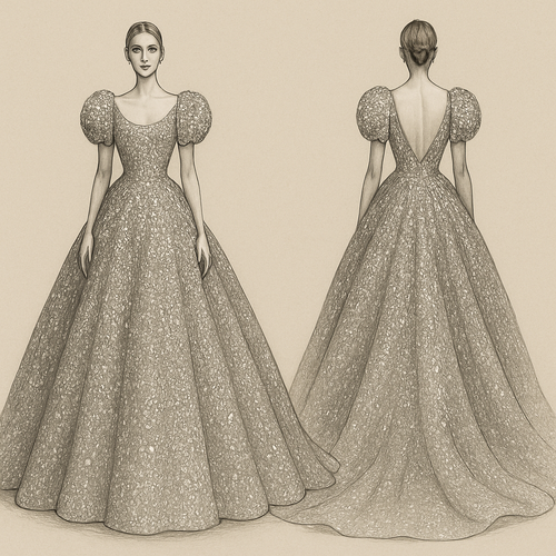 Diamond-studded evening dress with a puffy tail and round shoulders