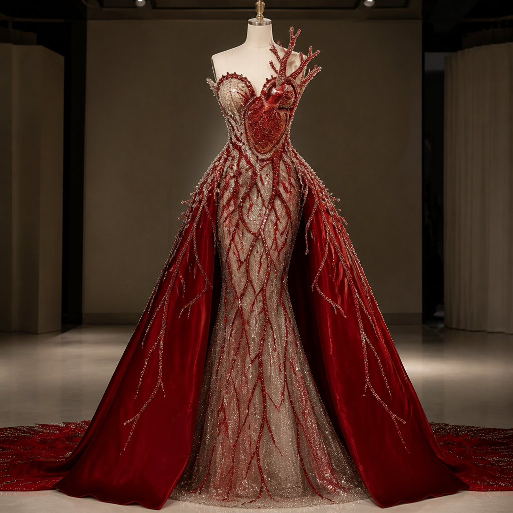 A Female Dress design, in Glamorous style. medical based for medical prom that gives the aspect of a human heart and stands out in the crowd with gemstones and shimmering. Tunisia fashion aesthetics.
photorealistic fashion design, A Female Dress design, in Glamorous style. medical based for medical prom that gives the aspect of a human heart and stands out in the crowd with gemstones and shimmering. Tunisia fashion aesthetics., glamorous style, just the design no text