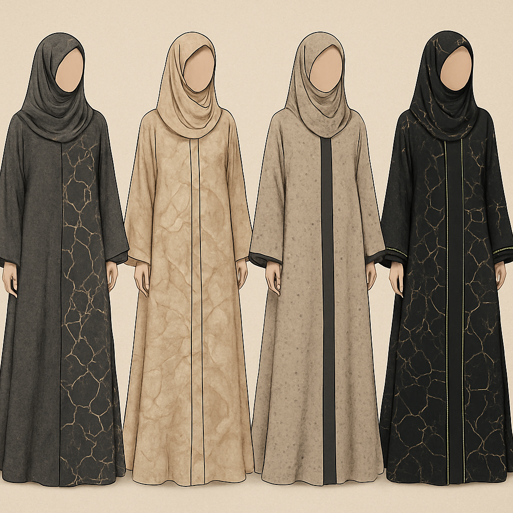 Create a modest two piece abaya that's the first of its kind, featuring a unique stone design that exudes a classy and sophisticated vibe. I'd like four designs, each showcasing different styles and fabrics.Incorporate high-end, unique chic stone designs to make them truly special. And add little cute touch of sophisticated stone designs.

Create a modest two piece abaya that's the first of its kind, featuring a unique stone design that exudes a classy and sophisticated vibe. I'd like four designs, each showcasing different styles and fabrics.Incorporate high-end, unique chic stone designs to make them truly special. And add little cute touch of sophisticated stone designs.