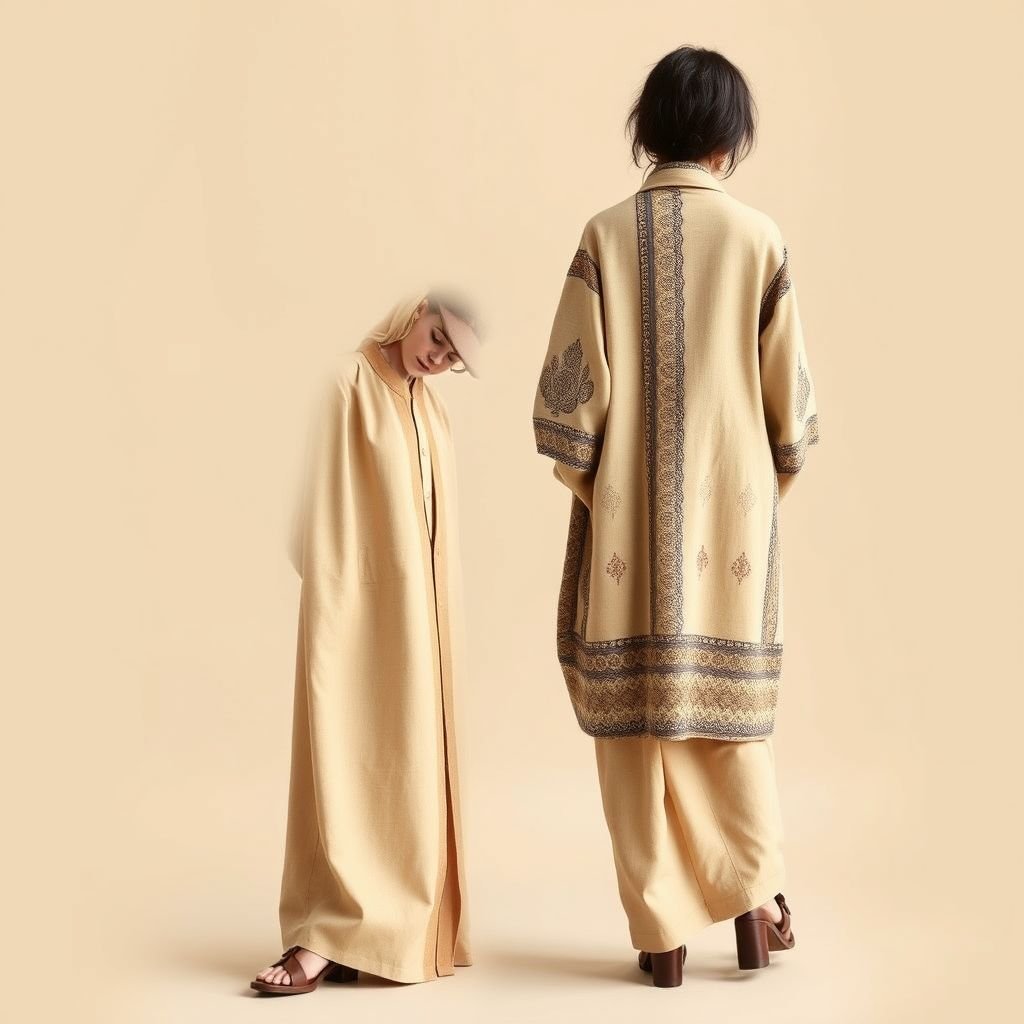 I have an idea for an oversized pair of pants with very wide legs—about 15 to 18 inches wide. The fabric color is beige. From the knees up to the thighs, I want to add a traditional Afghan cultural design or pattern. However, this pattern should not be stitched. It should be applied in a way that it fades or disappears when the fabric is lifted or when the person moves. I want to create a matching oversized coat or blazer using the same base color and design logic. The coat should have the same Afghan-inspired pattern starting from the bottom and fading away toward the shoulders, revealing the original beige color underneath. The idea is that both the pants and the coat will have a cultural pattern that appears clearly when standing still, but fades or blends into the fabric as you move.
Create a relaxed outfit featuring oversized beige pants with wide, flowing legs—15 to 18 inches—adorned with a fading Afghan cultural design that softens when in motion. Pair it with a matching oversized coat, echoing the same color and pattern flow. Emphasize comfort and effortless style, merging cultural elegance with casual chic.