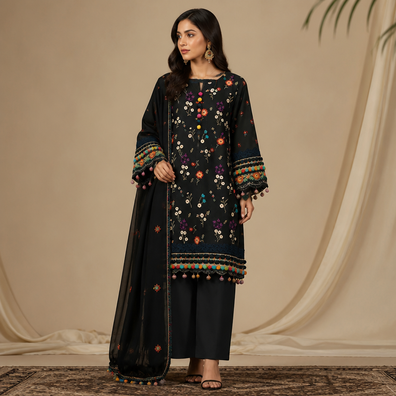 A Female fashion design. i like this this black dress dont change the pattern and emmbriodery and colour only make iy expensive and look decent for eid ul adha i mean tto say if it is overdone so do some thinv. Pakistan fashion aesthetics.
using the attached image as a visual reference and sketch, create this: photorealistic fashion design, A Female fashion design. i like this this black dress dont change the pattern and emmbriodery and colour only make iy expensive and look decent for eid ul adha i mean tto say if it is overdone so do some thinv. Pakistan fashion aesthetics., just the design no text