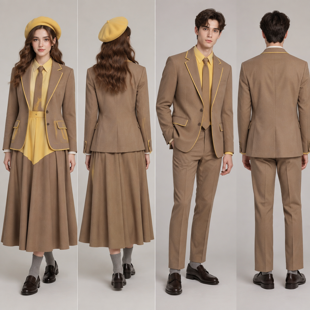 A Male Top design, with modest, full coverage: longer hemlines, higher necklines and covered shoulders, suitable for Spring. design a light brown blazer with yellow accents. For both male and female.
A fit and flare dress top half yellow, bottom half light brown, almost reaching ankles. A light brown tie, yellow barrett and grey socks. For the female.
A light brown relaxed trouser, reaching ankles. A yellow shirt, light brown tie and grey socks. For the male
Nice school shoes for both. Both must be wearing blazer . Present it as professional fashion catalogue photography: the garment is the subject, shown full-length with editorial styling, neutral posing and tasteful, non-suggestive framing.
photorealistic fashion design, A Male Top design, with modest, full coverage: longer hemlines, higher necklines and covered shoulders, suitable for Spring. design a light brown blazer with yellow accents. For both male and female.
A fit and flare dress top half yellow, bottom half light brown, almost reaching ankles. A light brown tie, yellow barrett and grey socks. For the female.
A light brown relaxed trouser, reaching ankles. A yellow shirt, light brown tie and grey socks. For the male
Nice school shoes for both. Both must be wearing blazer . Present it as professional fashion catalogue photography: the garment is the subject, shown full-length with editorial styling, neutral posing and tasteful, non-suggestive framing., just the design no text, show front and back